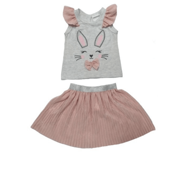 Rabbit Embroidered Shirt With Glittered Mesh Skirt For Girls